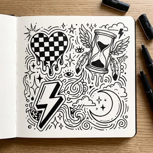 Black Ink Doodle Sketchbook Flat Lay