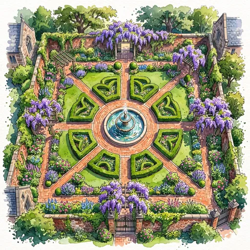 Watercolor Illustration of Formal Walled Garden
