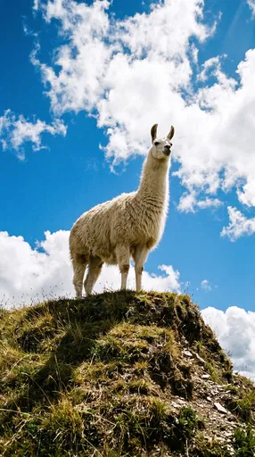 White Llama on Grassy Hilltop