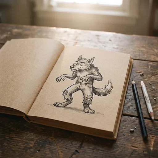 Cartoon Werewolf Sketch in Kraft Notebook