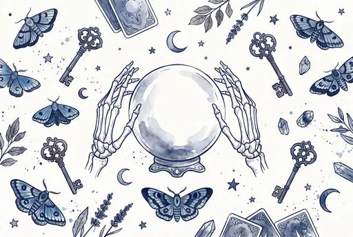 Watercolor Skeletal Hands Framing Crystal Ball