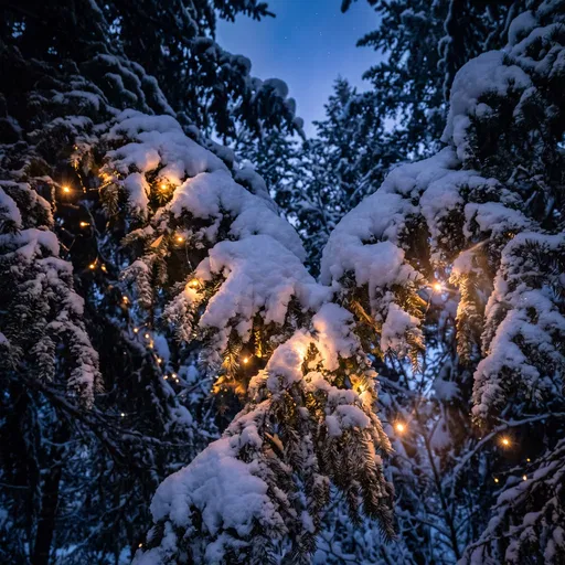 Snowy Fir Boughs With Warm Lights