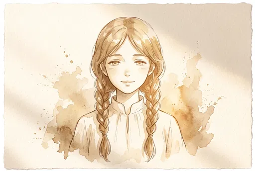 Sepia Watercolor Anime Portrait of Braided Woman