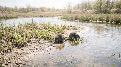 Two Muskrats Foraging on Sunny Wetland Sandbar