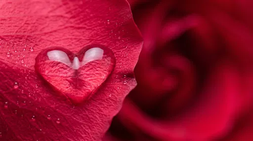 Heart Shaped Dewdrop on Red Rose Petal