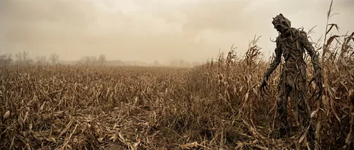 Scarecrow Monster in Dried Autumn Cornfield