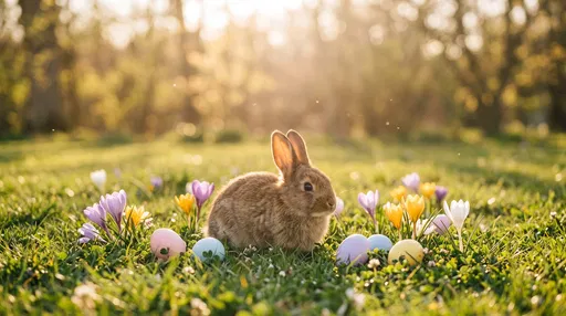 Brown Bunny With Easter Eggs in Grass