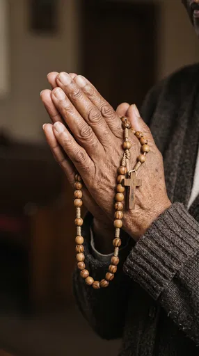 Elderly Hands Praying With Wooden Rosary