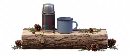3D Plaid Thermos and Mug on Log