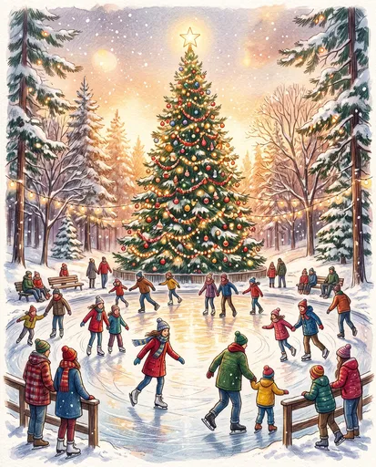 Watercolor Christmas Tree Ice Rink Illustration