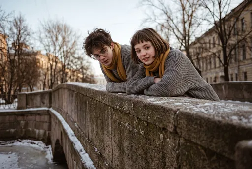 Teenagers Leaning on Winter Stone Bridge