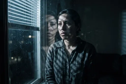 Tense Woman Beside Dark Window