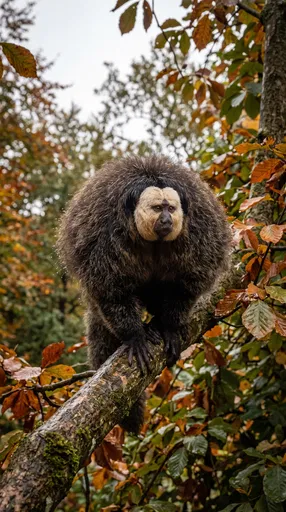 Puffed White-Faced Saki Monkey on Branch