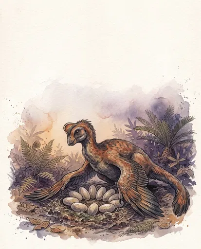 Watercolor Oviraptor Brooding Nest of Eggs
