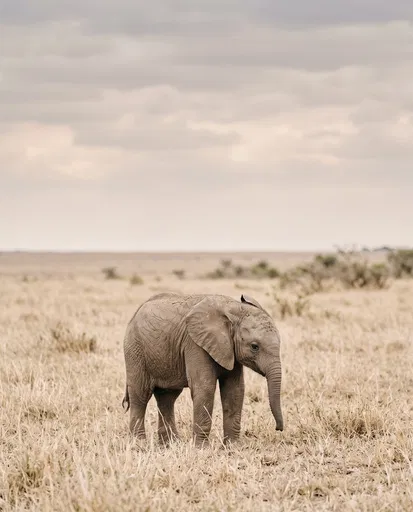 Baby Elephant Standing in Dry Savanna Grass