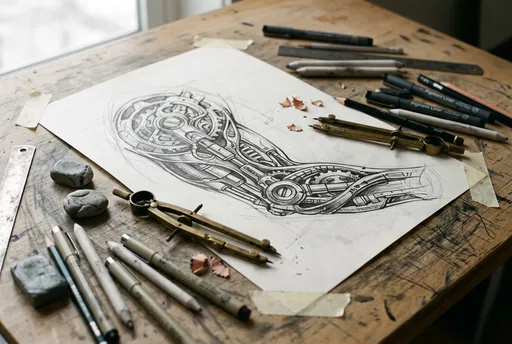 Biomechanical Tattoo Sketch on Artist Desk