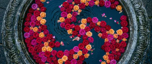 Colorful Roses Floating in Stone Fountain