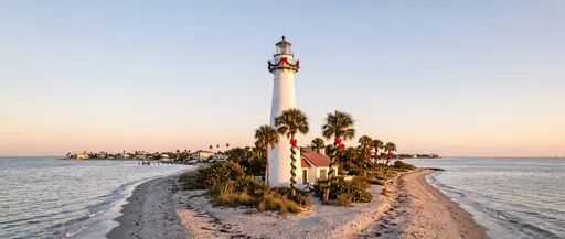 Coastal Lighthouse Decorated for Christmas at Sunset
