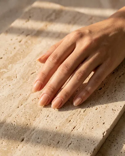 Hand With Nude Almond Nails on Stone