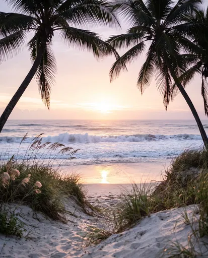 Tropical Beach Sunrise Framed by Palm Trees