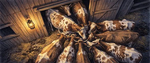Illustration of Cattle by Lantern-Lit Barn