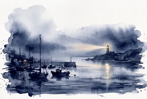Indigo Watercolor Harbor and Lighthouse at Night