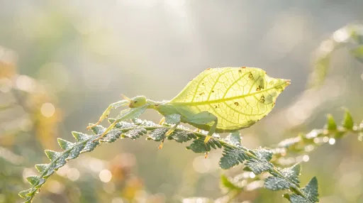 Backlit Leaf Insect on Dewy Fern