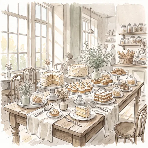 Watercolor Patisserie Table With Assorted Cakes