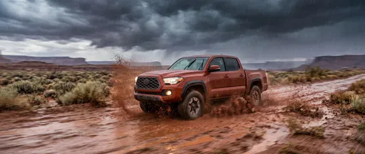 Red Pickup Truck Driving Through Desert Rainstorm