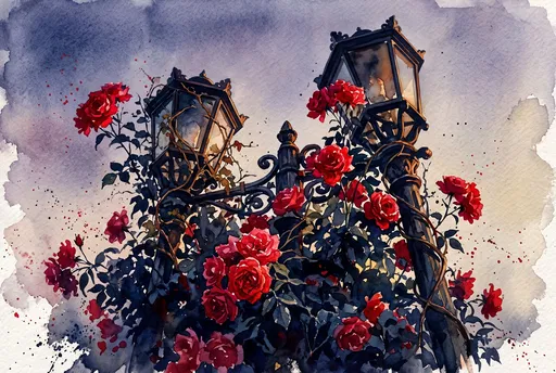Watercolor Streetlamps with Climbing Red Roses