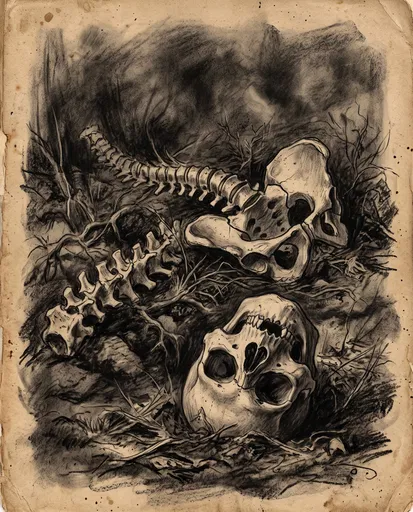 Charcoal Illustration of Skeletal Remains on Paper