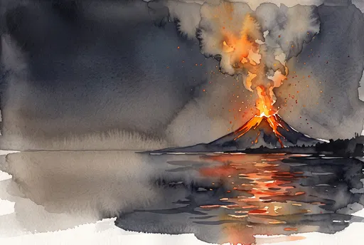 Watercolor Erupting Volcano Across Quiet Bay