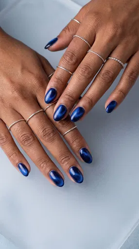 Short Sapphire Blue Velvet Almond Nails