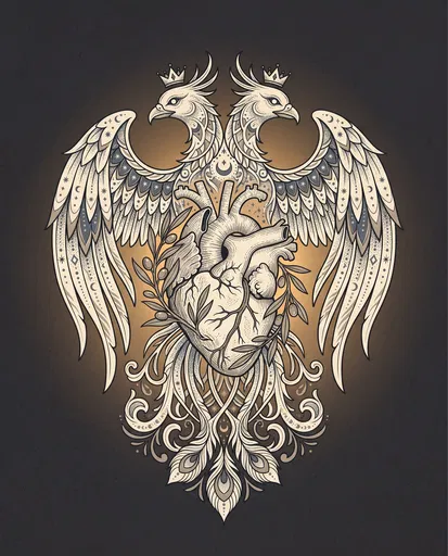 Double-Headed Phoenix and Anatomical Heart Illustration