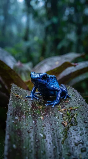 Blue Poison Dart Frog on Wet Leaf