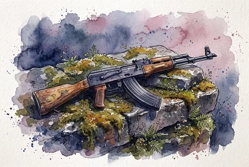 Watercolor Illustration of AK-47 on Mossy Rock