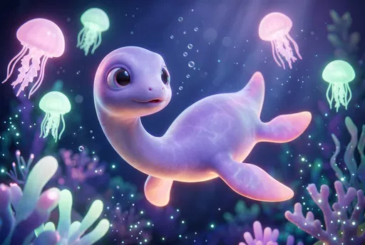 Cute Lavender Baby Plesiosaurus With Glowing Jellyfish