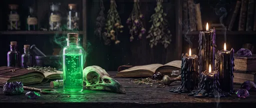Witch Apothecary Table With Glowing Green Potion