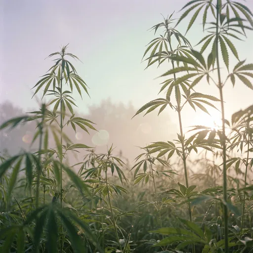Backlit Hemp Plants in Misty Morning