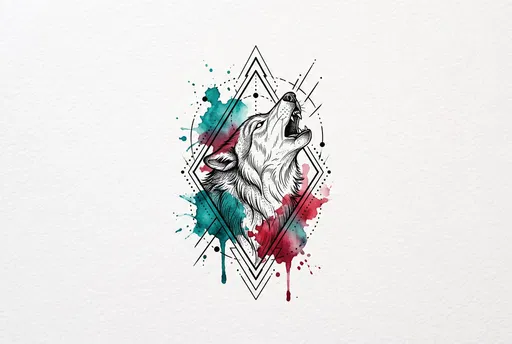 Geometric Howling Wolf Watercolor Tattoo Design