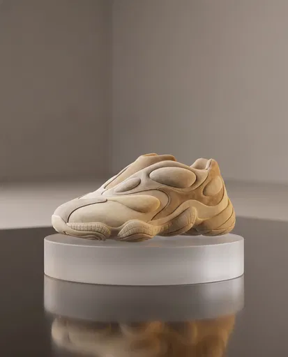 Futuristic Beige Suede Concept Sneaker on Plinth