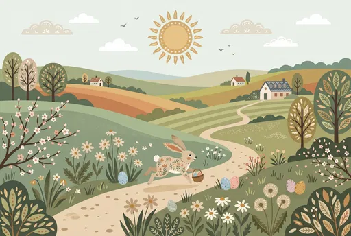 Folk Art Easter Bunny Countryside Illustration