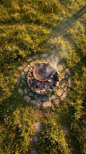 Overhead View of Steaming Cauldron in Meadow