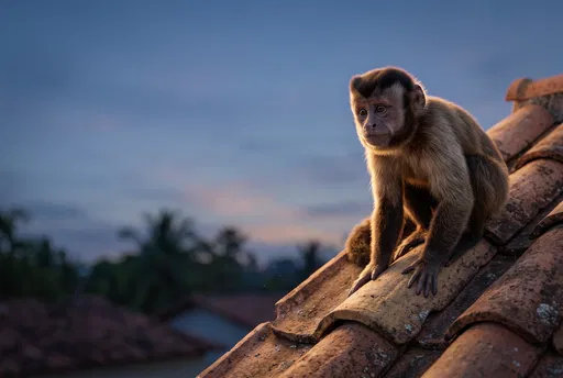Capuchin Monkey on Terracotta Roof at Dusk