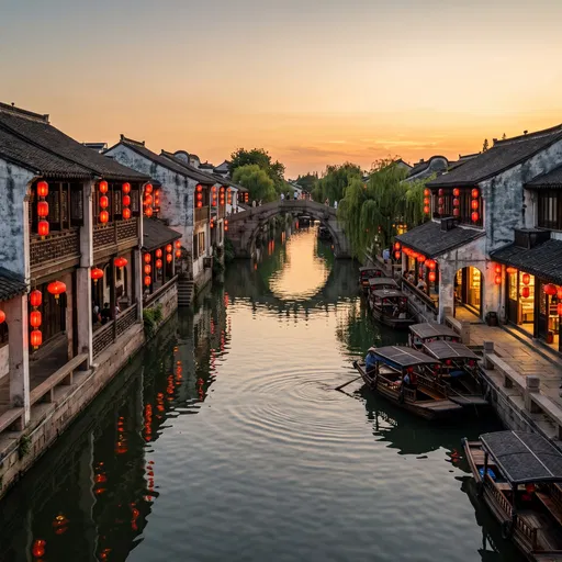 Historic Chinese Canal Town at Sunset