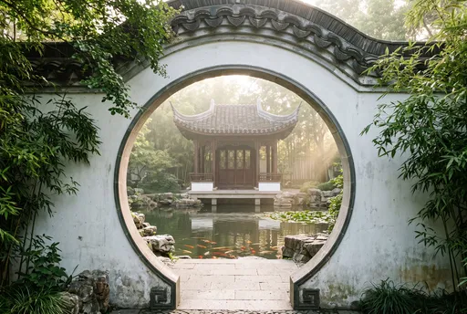 Chinese Garden Pavilion Through Moon Gate