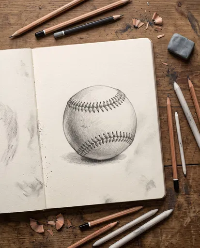 Graphite Baseball Sketch in Open Sketchbook