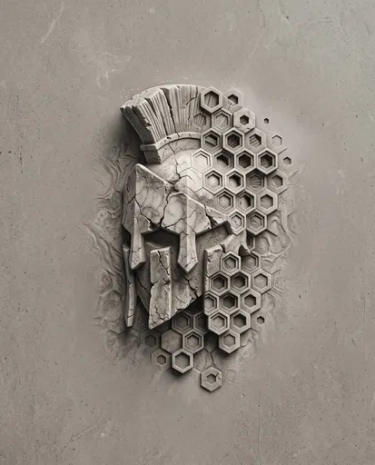 Carved Stone Spartan Helmet Honeycomb Relief