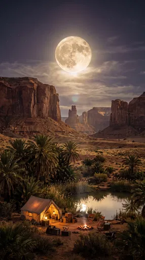 Desert Oasis Campsite Under Full Moon
