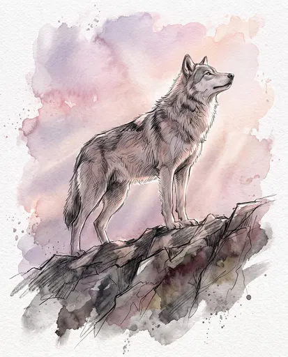 Watercolor and Graphite Wolf on Ridge